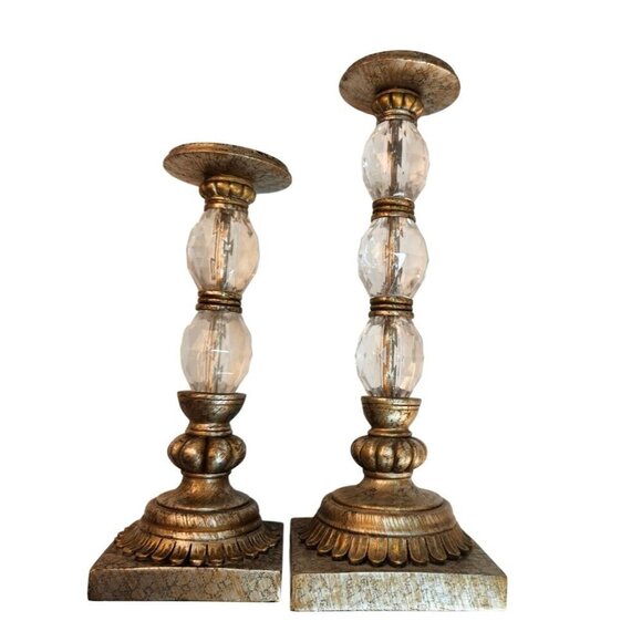 Set Of 2  Gold & Acrylic Crystal Candle Holders With Ornate Resin Bases 12 & 15 - Picture 2 of 14